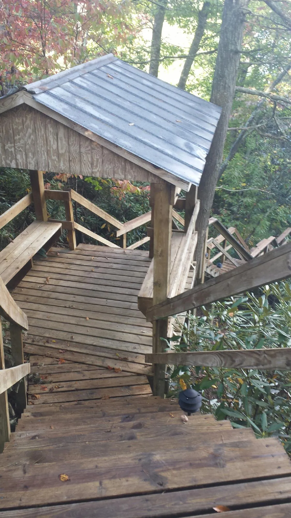 Metal roofed shelter over wooden steps on a wooded walkway — Skylight Repair & Installation work by our crew in De Graff